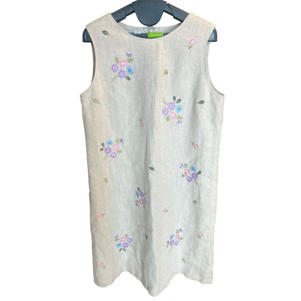 TALBOTS 100% Linen light tan floral embroidered sleeveless shift dress 12 career